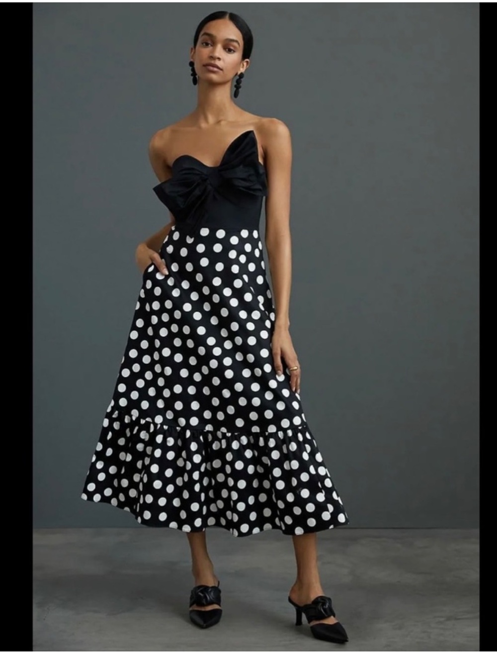Anthropologie Hutch Black and White Polka Dot Strapless Midi Dress with Bow